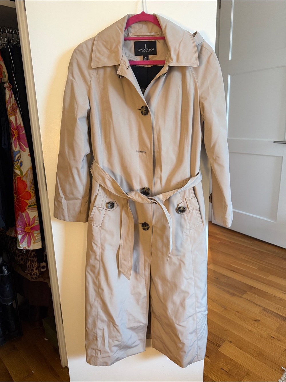 London Fog Tan Trench Coat with Waist Belt and Detschable Hood
